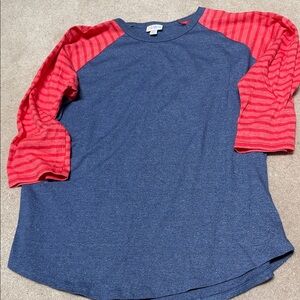 LuLaRoe Blue and Red Raglan 3/4 Sleeve Tee